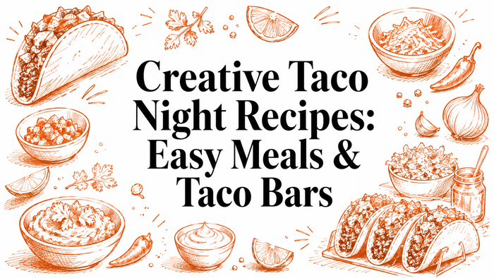 A vibrant illustration featuring tacos, bowls of toppings, and ingredients like onions and lime, surrounding the text "Creative Taco Night Recipes: Easy Meals & Taco Bars" in a bold font.