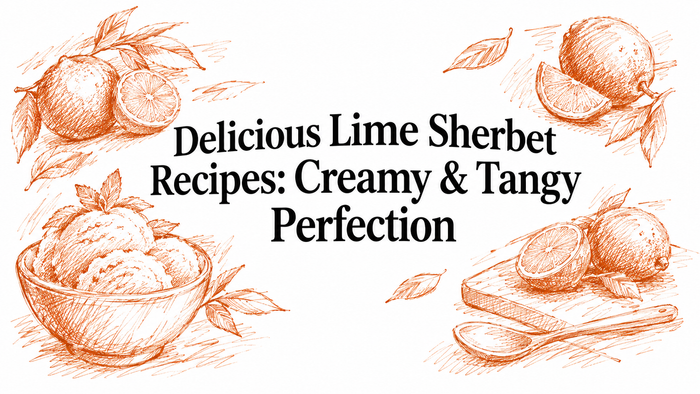 A hand-drawn illustration featuring a bowl of lime sherbet, whole limes, and sliced limes, with the text "Delicious Lime Sherbet Recipes: Creamy & Tangy Perfection" prominently displayed in an elegant font.
