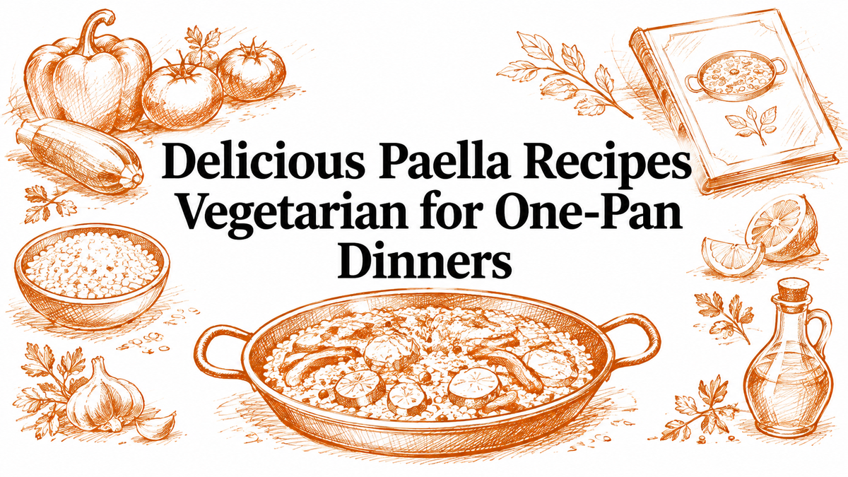 An orange sketch of paella in a pan surrounded by vegetables, rice, a cookbook, lemon, garlic, and olive oil, with text "Delicious Paella Recipes Vegetarian for One-Pan Dinners".