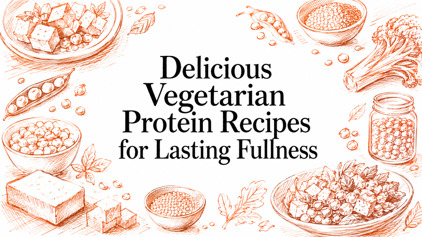 An illustration featuring various vegetarian protein sources, including bowls of chickpeas, lentils, tofu, and broccoli, arranged around the title "Delicious Vegetarian Protein Recipes for Lasting Fullness.