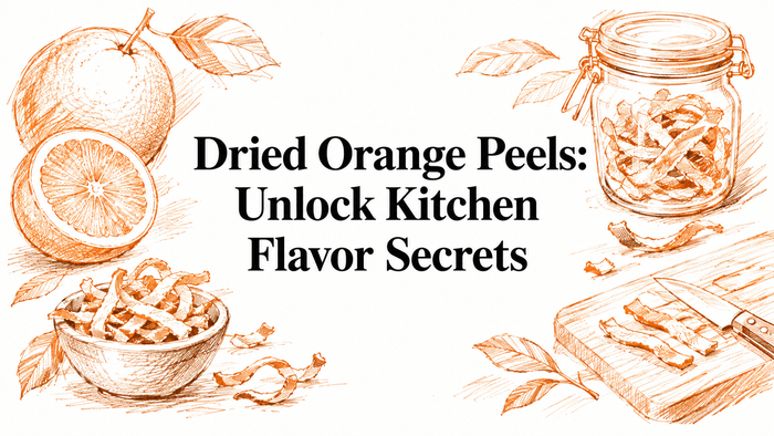 A hand-drawn illustration featuring whole and sliced oranges, dried orange peel strips, and a jar, accompanied by leaves and a knife, all set against a light background, emphasizing the theme of enhancing kitchen flavors.