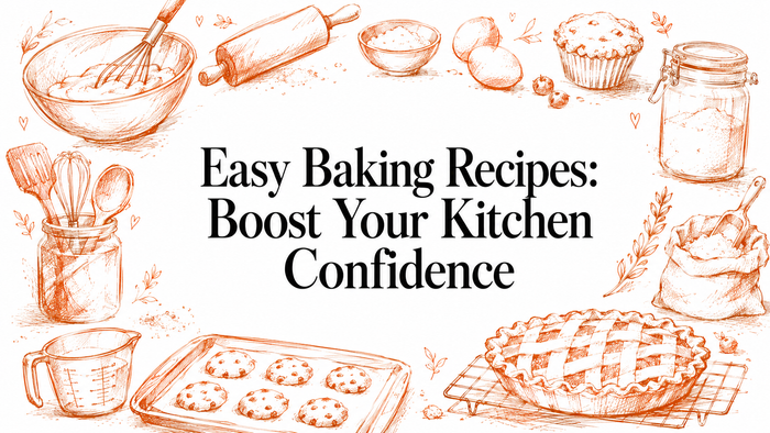 A hand-drawn illustration featuring baking tools like a whisk, rolling pin, and measuring cups, along with ingredients such as eggs and flour, surrounding the text "Easy Baking Recipes: Boost Your Kitchen Confidence.