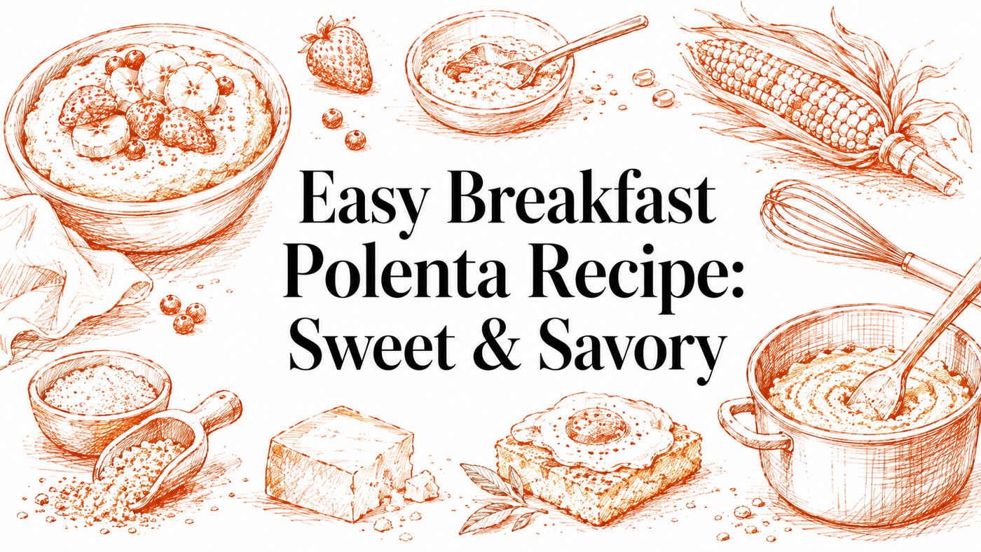 An illustrated layout featuring bowls of polenta topped with fruits, a whisk, corn on the cob, and various ingredients like sugar and cheese, highlighting the theme of a sweet and savory breakfast polenta recipe.
