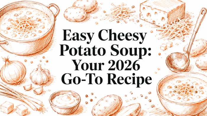 A hand-drawn illustration featuring a pot of potato soup, scattered ingredients like potatoes, cheese, onions, and garlic, along with utensils, emphasizing the theme of an easy cheesy potato soup recipe.
