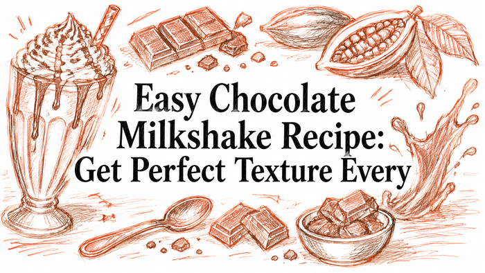 A hand-drawn illustration featuring a chocolate milkshake in a glass topped with whipped cream, surrounded by chocolate bars, cocoa pods, and splashes of chocolate, emphasizing the recipe theme.