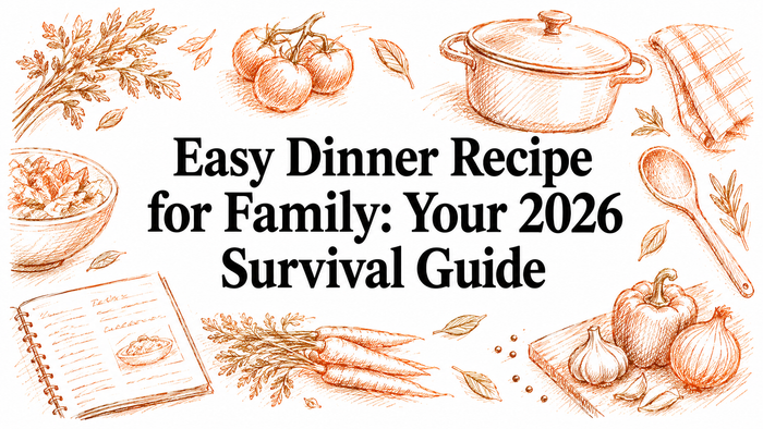 A hand-drawn illustration featuring a pot, vegetables, a bowl, a spoon, and a recipe book, surrounding the text "Easy Dinner Recipe for Family: Your 2026 Survival Guide.