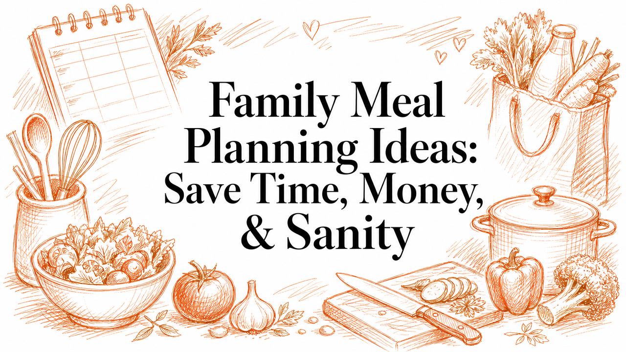 A hand-drawn illustration featuring a variety of meal planning elements, including a notepad, cooking utensils, a grocery bag with vegetables, a bowl of salad, and a pot, all surrounding the text about family meal planning ideas.