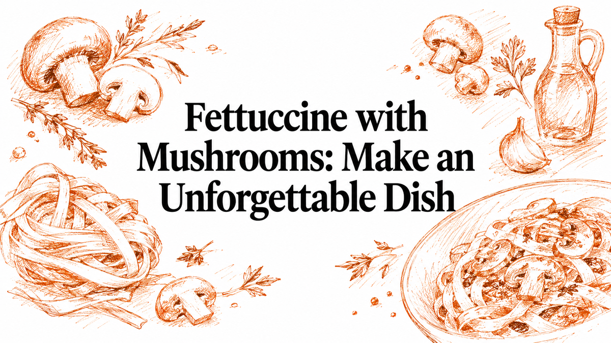 An artistic illustration featuring fettuccine pasta, mushrooms, garlic, herbs, and a bottle of olive oil, all arranged around the title "Fettuccine with Mushrooms: Make an Unforgettable Dish.
