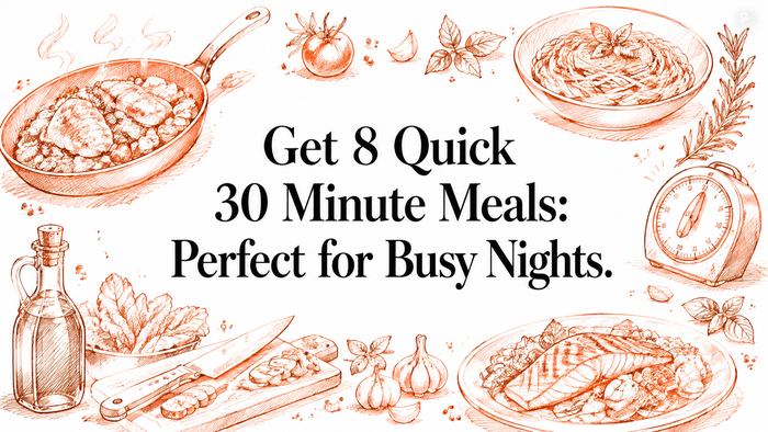 A collection of illustrated dishes, including pasta, grilled chicken, and vegetables, surrounded by cooking ingredients and a timer, emphasizing quick meal preparation for busy nights.