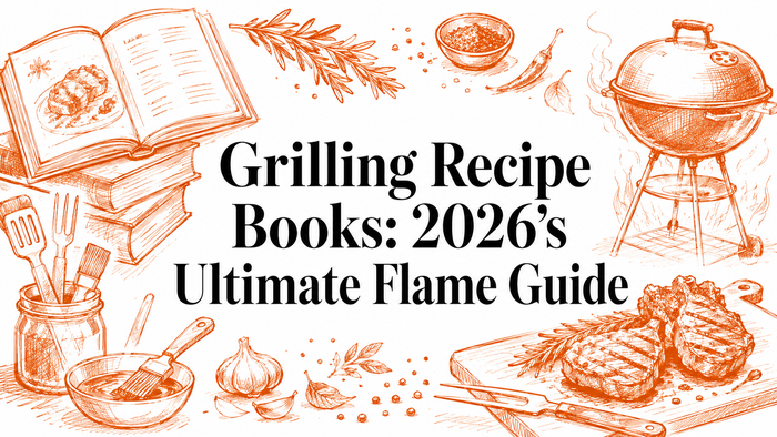 An illustrated scene featuring a grill, a stack of grilling recipe books, cooking utensils, and grilled steaks, all in a warm, orange-toned design, emphasizing grilling themes for a blog about grilling recipes.