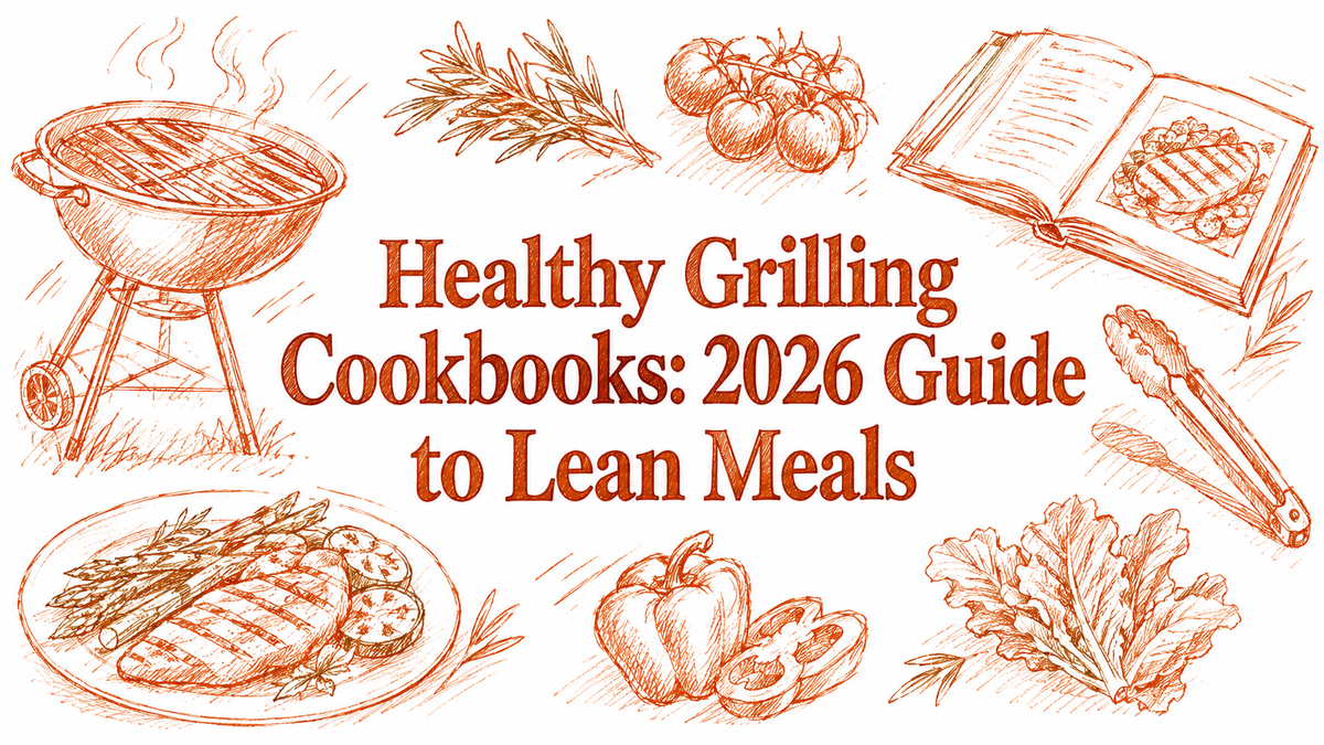 A hand-drawn illustration featuring a grill, fresh vegetables, herbs, a cookbook, and grilled chicken, highlighting themes of healthy grilling and lean meals for a 2026 guide.