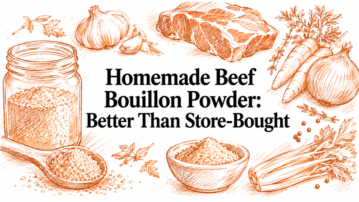 An illustration featuring a jar of homemade beef bouillon powder surrounded by fresh vegetables like carrots, onions, and celery, along with beef cuts, emphasizing the theme of homemade versus store-bought.