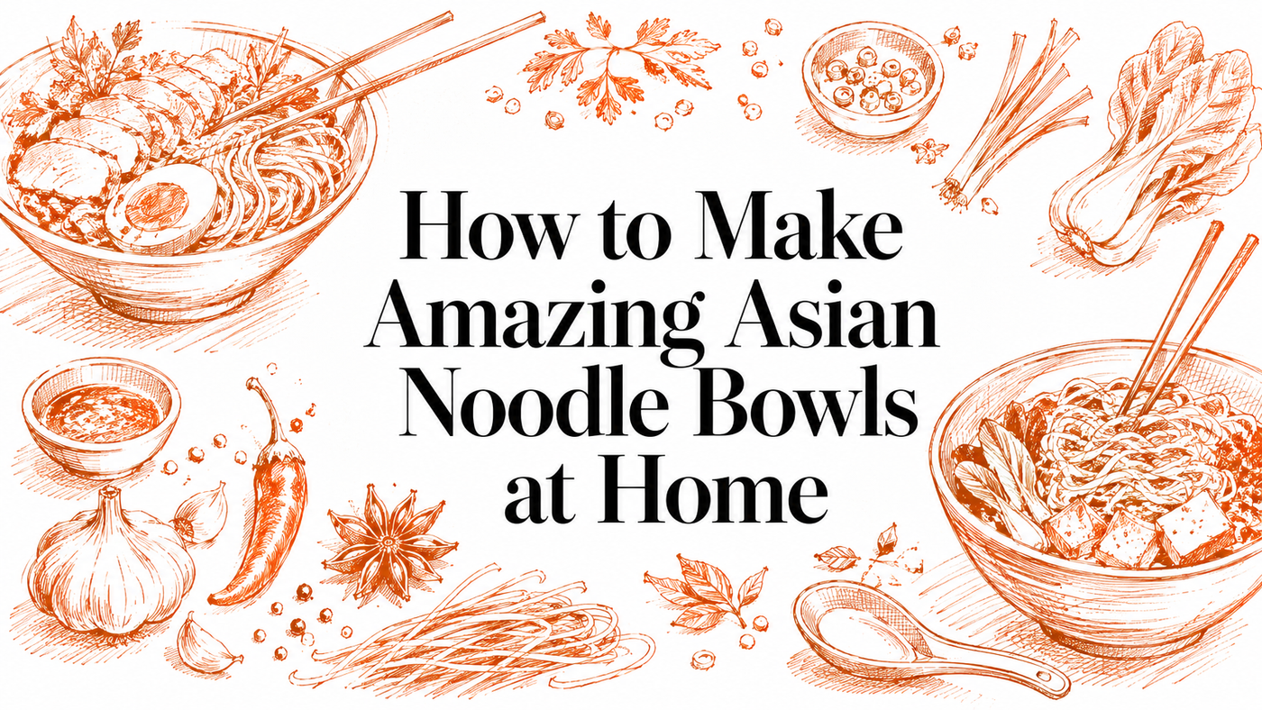 Illustrations of two Asian noodle bowls surrounded by ingredients like garlic, chili peppers, and vegetables, with the text "How to Make Amazing Asian Noodle Bowls at Home" prominently displayed.
