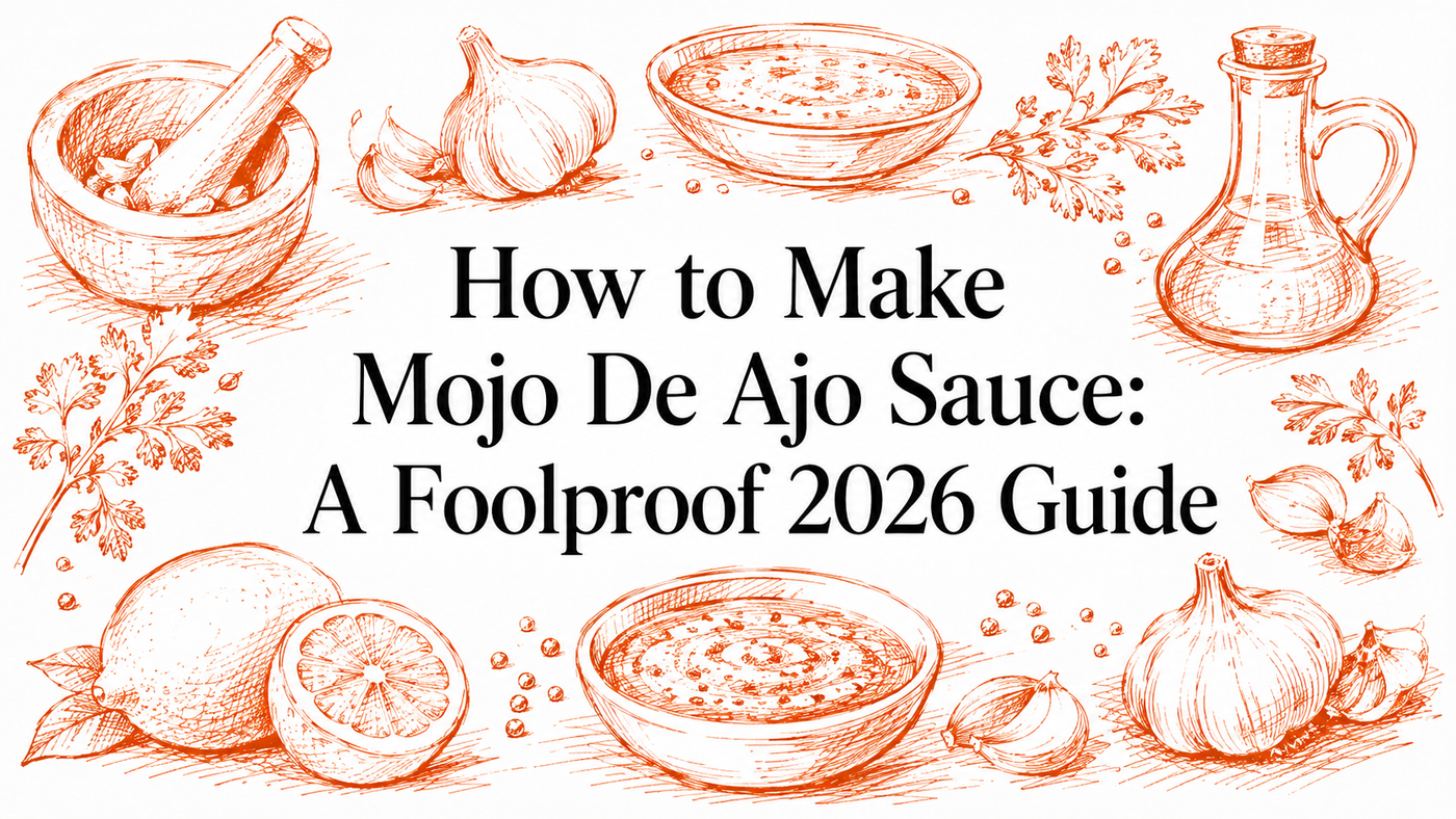 The image features a hand-drawn illustration of ingredients and utensils for making Mojo De Ajo sauce, including garlic, herbs, a mortar and pestle, and a small bowl of sauce, surrounded by decorative elements.