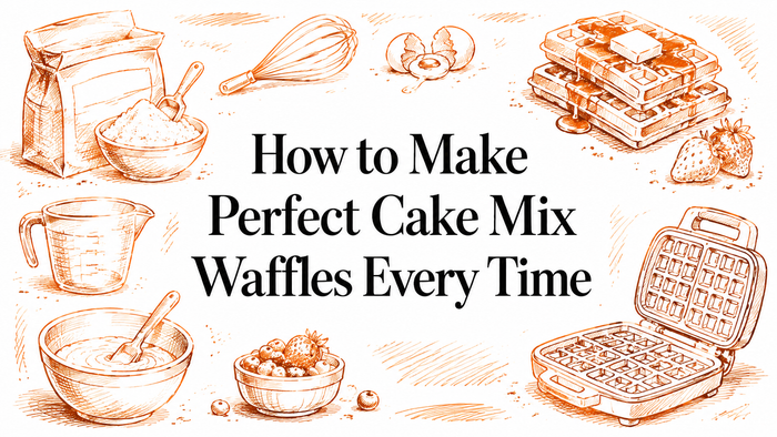 An illustrated banner featuring a title about making cake mix waffles, surrounded by hand-drawn kitchen utensils, ingredients like flour and sugar, a bowl of batter, and a waffle maker with waffles and berries.