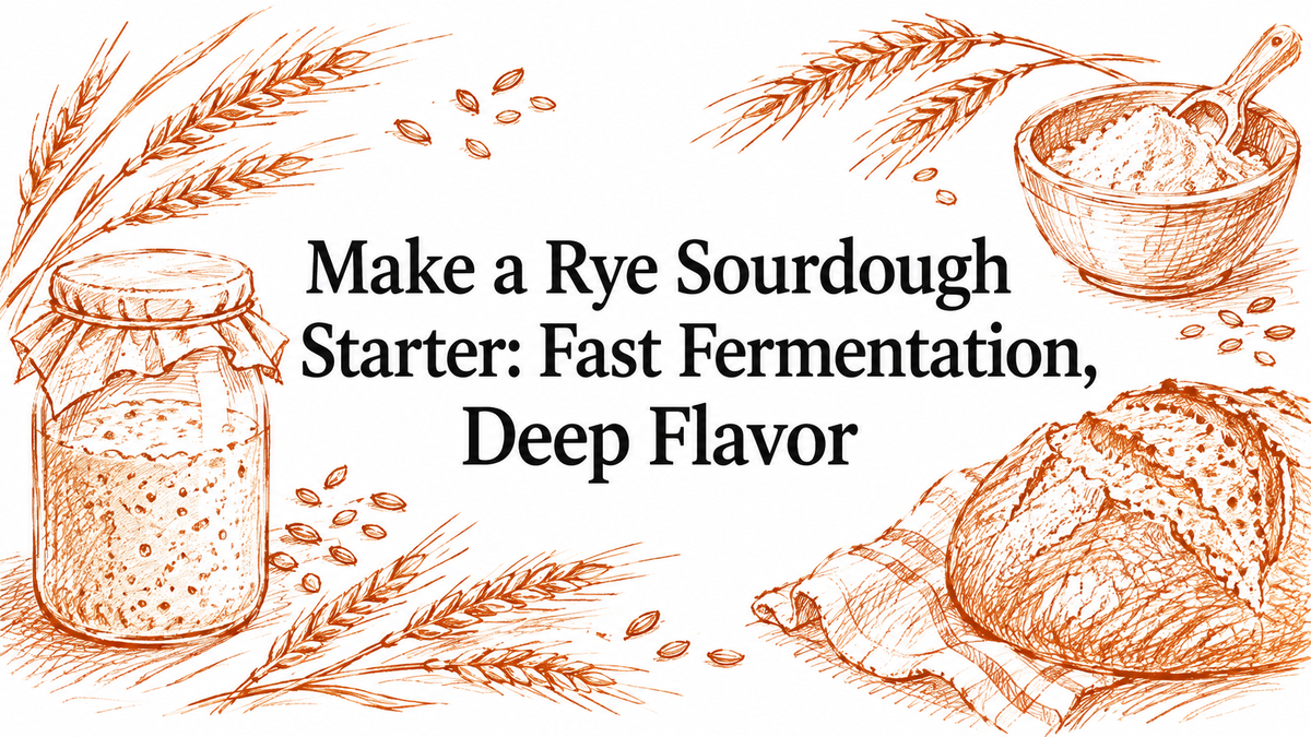 A hand-drawn illustration featuring a jar of rye sourdough starter, a loaf of bread, wheat stalks, and a bowl of flour, emphasizing the theme of fast fermentation and deep flavor in rye sourdough baking.
