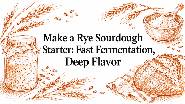 A hand-drawn illustration featuring a jar of rye sourdough starter, a loaf of bread, wheat stalks, and a bowl of flour, emphasizing the theme of fast fermentation and deep flavor in rye sourdough baking.