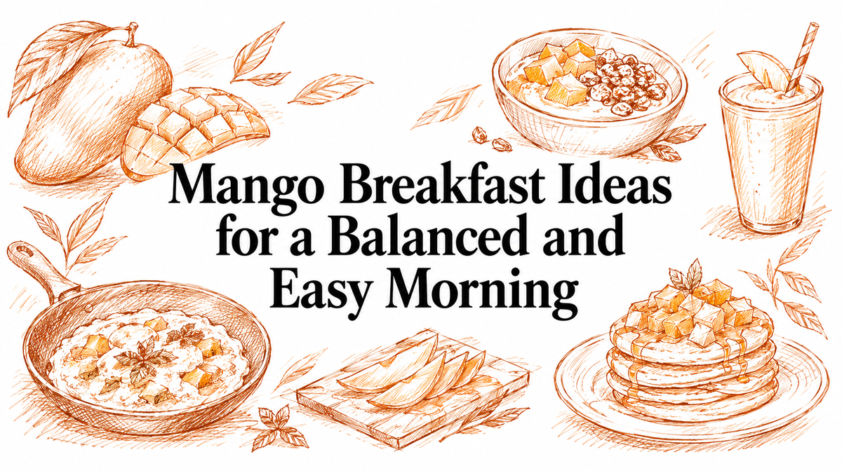 A variety of breakfast dishes featuring mango, including oatmeal, pancakes topped with mango, a smoothie, and a bowl of yogurt with fruit, all illustrated in a warm, hand-drawn style.