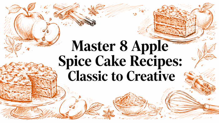 An illustrated banner featuring a layered apple spice cake on a pedestal, surrounded by apples, cinnamon sticks, and baking utensils, with the title "Master 8 Apple Spice Cake Recipes: Classic to Creative" prominently displayed.
