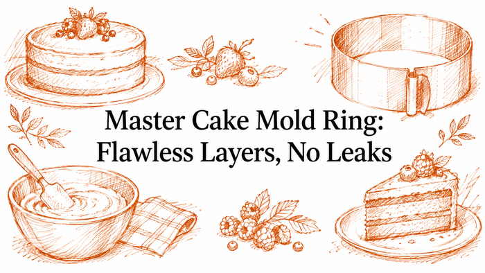 A decorative illustration featuring a cake with layers, a cake mold ring, a bowl of batter, and various fruits, emphasizing the theme of flawless cake layers without leaks.