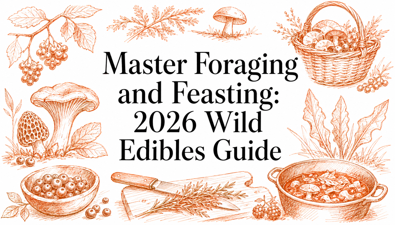 The image features a decorative layout with illustrations of various wild edibles, including mushrooms, berries, and a basket of foraged items, alongside a bowl of prepared food, all framed by the title "Master Foraging and Feasting: 2026 Wild Edible