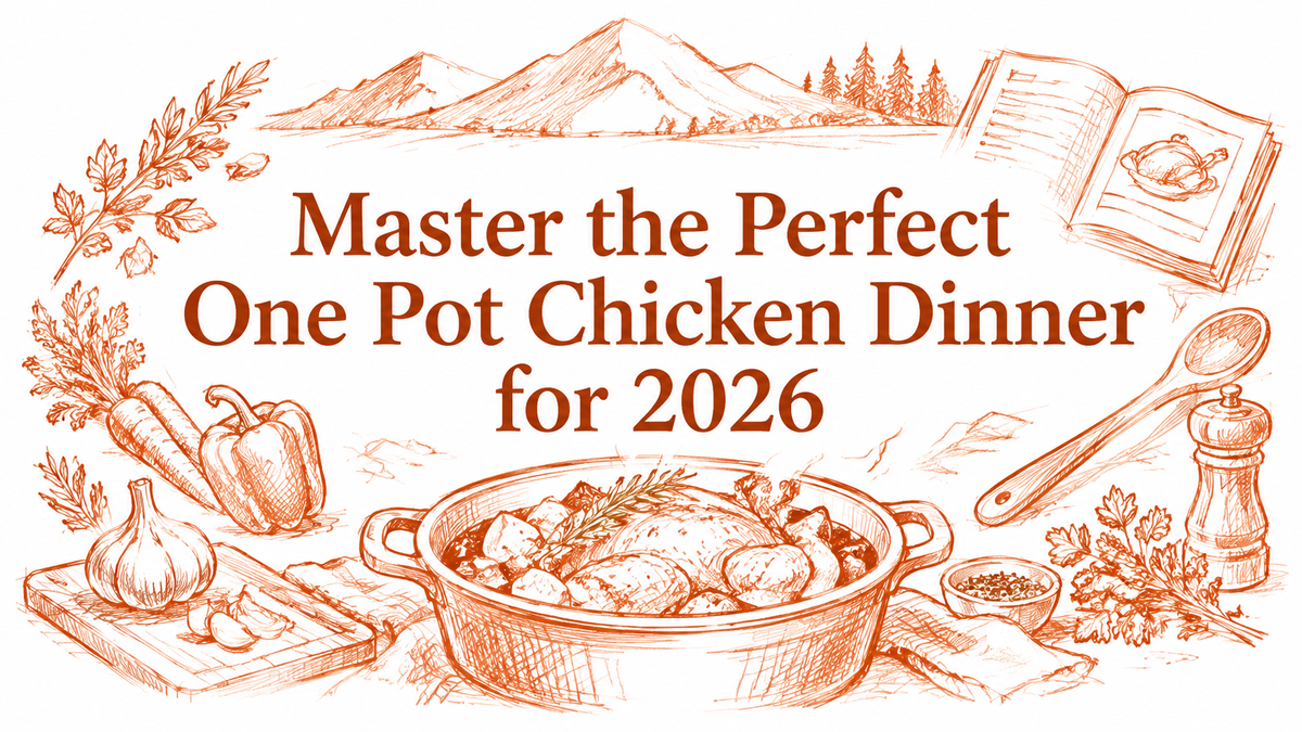 A beautifully illustrated one pot chicken dinner scene featuring a pot with chicken and vegetables, surrounded by herbs, spices, and cooking utensils, set against a backdrop of mountains and a recipe book.
