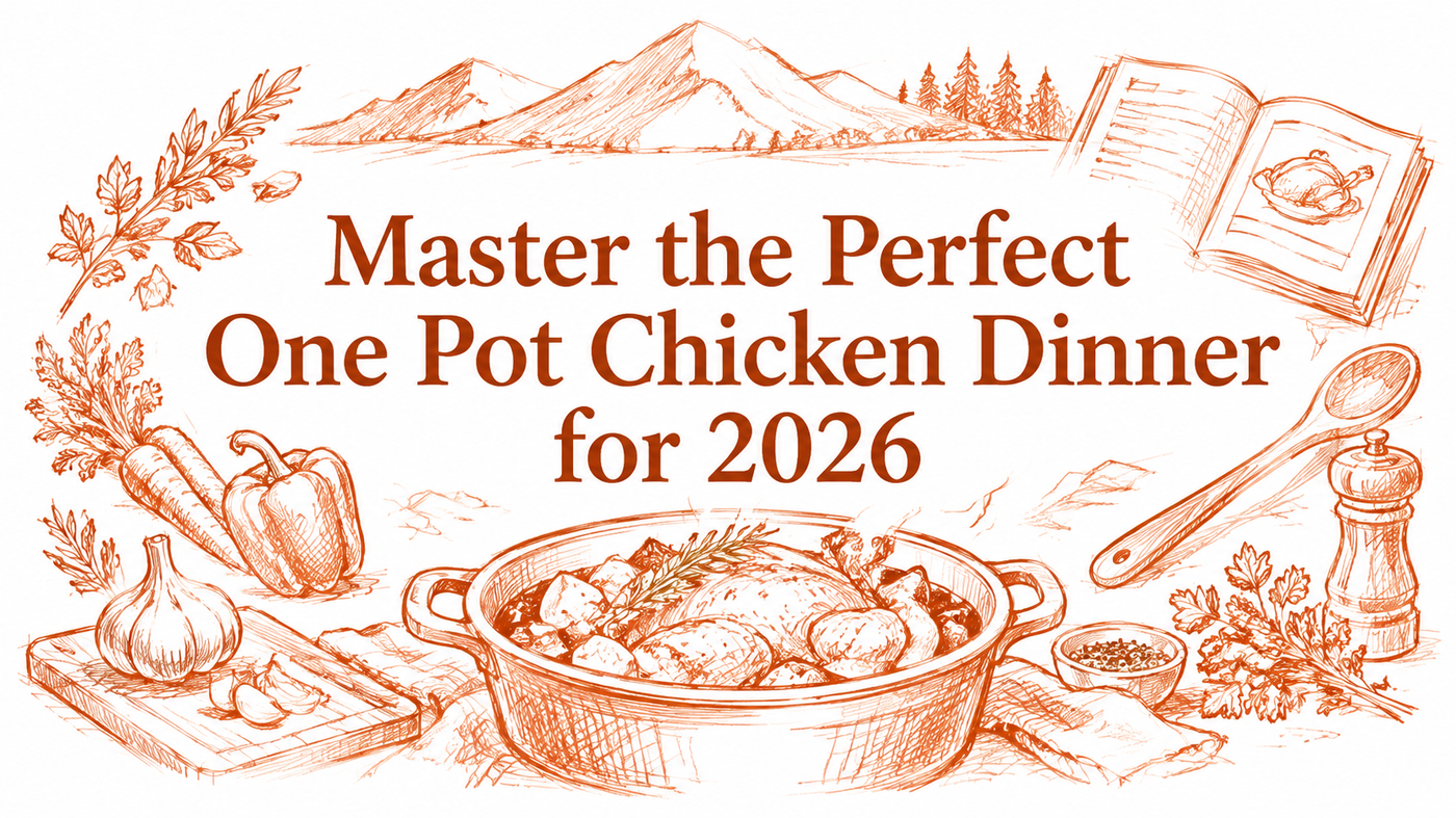A beautifully illustrated one pot chicken dinner scene featuring a pot with chicken and vegetables, surrounded by herbs, spices, and cooking utensils, set against a backdrop of mountains and a recipe book.