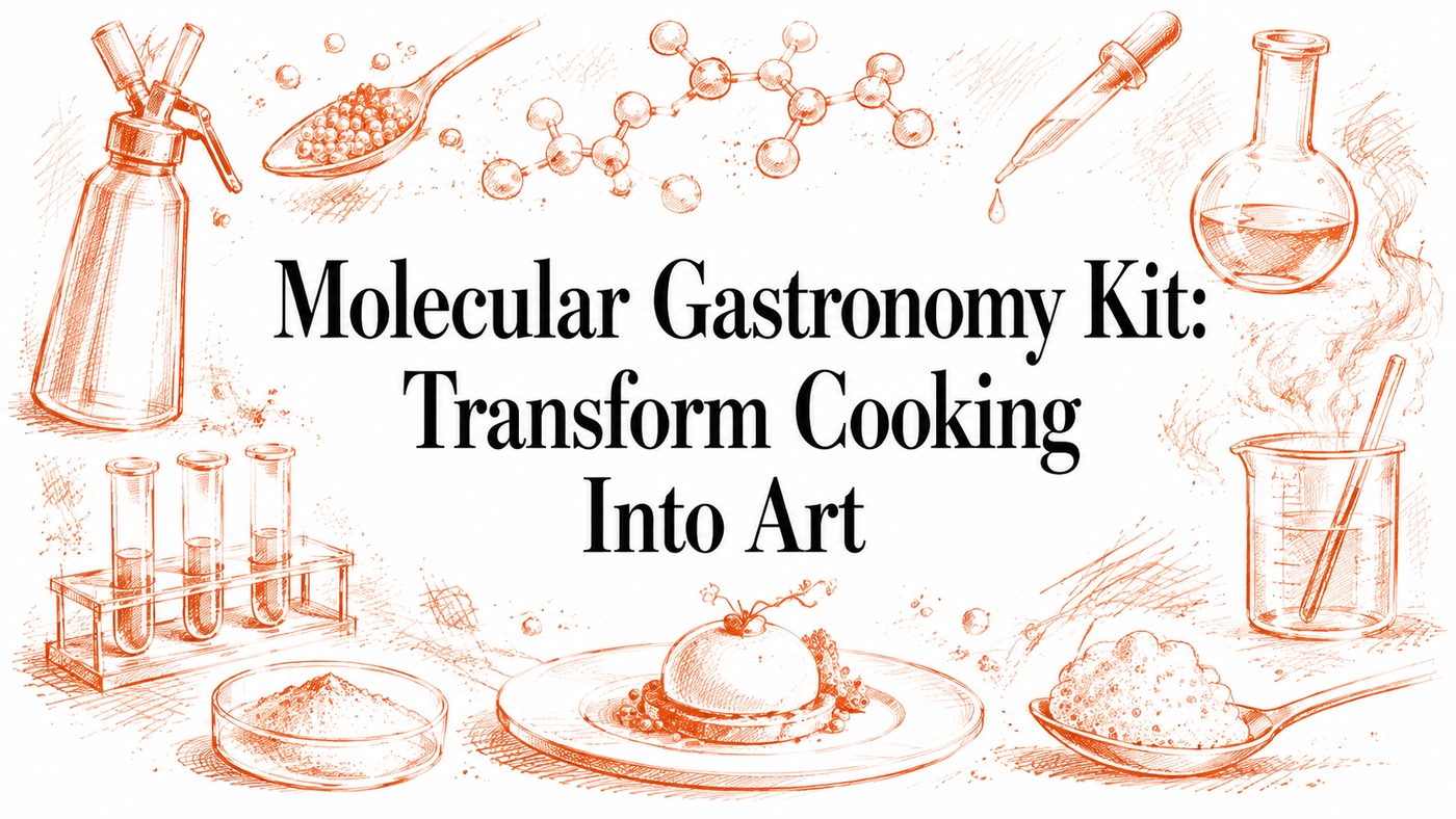 An artistic illustration featuring various laboratory equipment and culinary elements, including beakers, pipettes, and a dessert, highlighting the fusion of science and cooking in molecular gastronomy.