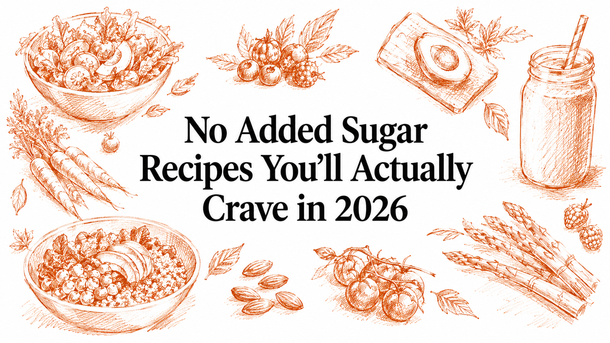 A collection of hand-drawn illustrations featuring fresh vegetables, fruits, and a smoothie jar, surrounding the text "No Added Sugar Recipes You’ll Actually Crave in 2026.