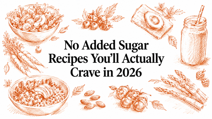 A collection of hand-drawn illustrations featuring fresh vegetables, fruits, and a smoothie jar, surrounding the text "No Added Sugar Recipes You’ll Actually Crave in 2026.