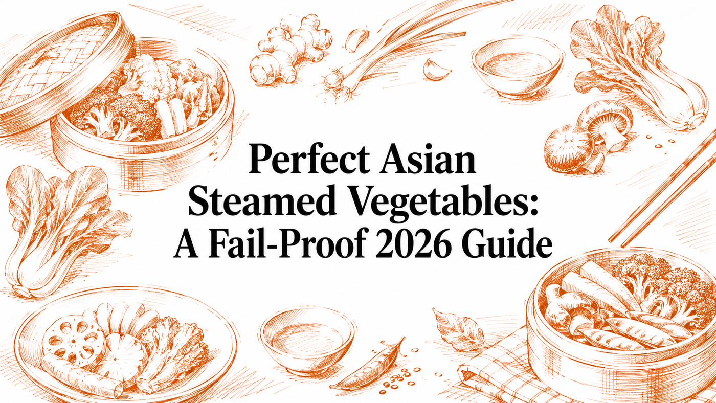 An illustration featuring various Asian vegetables, including bok choy, lotus root, and carrots, arranged in bamboo steamers and bowls, with chopsticks and small dishes, highlighting a culinary theme.