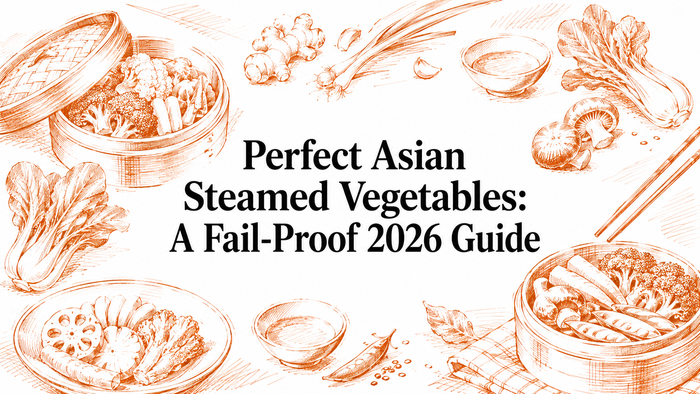 An illustration featuring various Asian vegetables, including bok choy, lotus root, and carrots, arranged in bamboo steamers and bowls, with chopsticks and small dishes, highlighting a culinary theme.