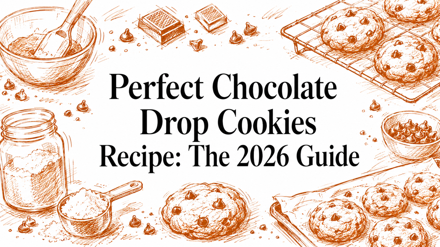 An illustrated layout featuring bowls, chocolate squares, and cookies, with the title "Perfect Chocolate Drop Cookies Recipe: The 2026 Guide" prominently displayed in a stylish font.
