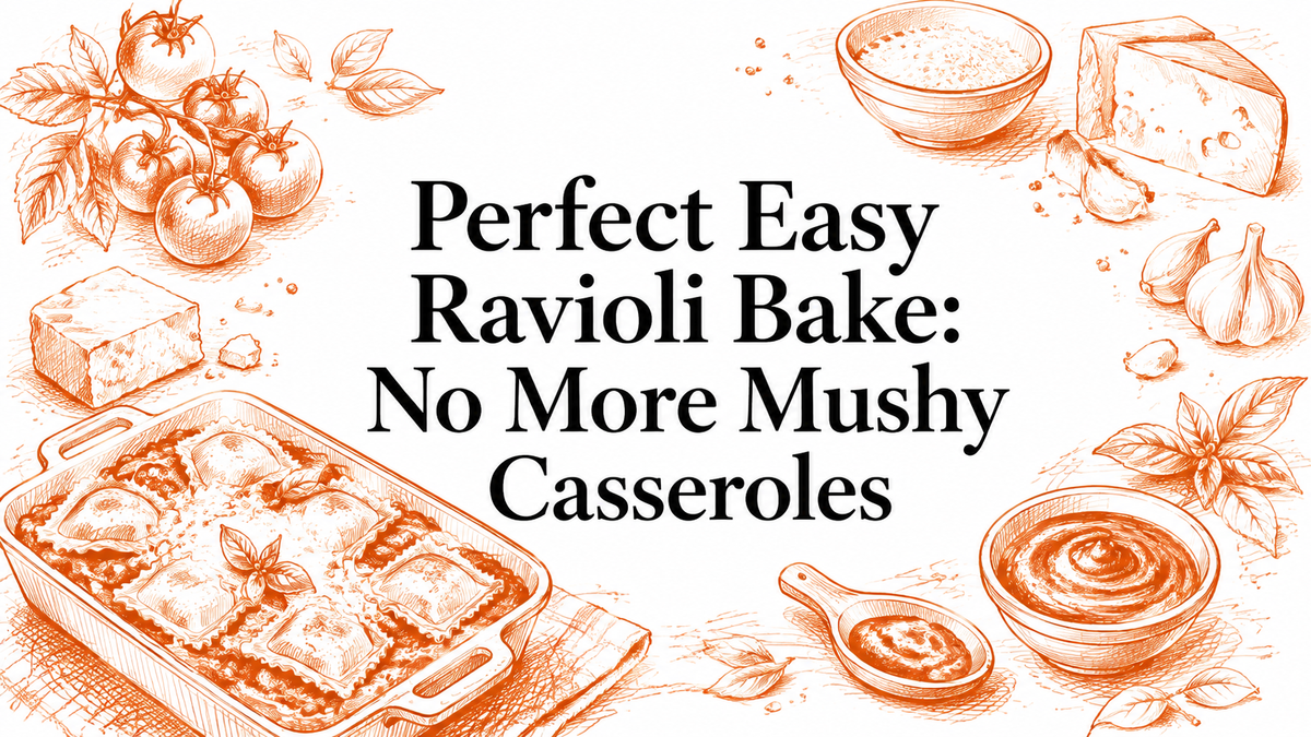 A hand-drawn illustration featuring a ravioli bake dish surrounded by tomatoes, cheese, and various cooking ingredients, with the title "Perfect Easy Ravioli Bake: No More Mushy Casseroles" prominently displayed.
