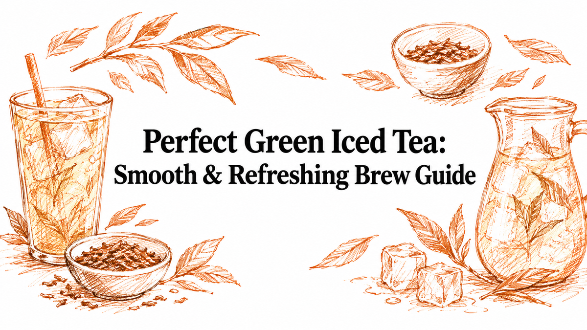 A decorative illustration featuring a glass of iced green tea, a pitcher, tea leaves, and a bowl of loose tea leaves, with the title "Perfect Green Iced Tea: Smooth & Refreshing Brew Guide" prominently displayed in the center.