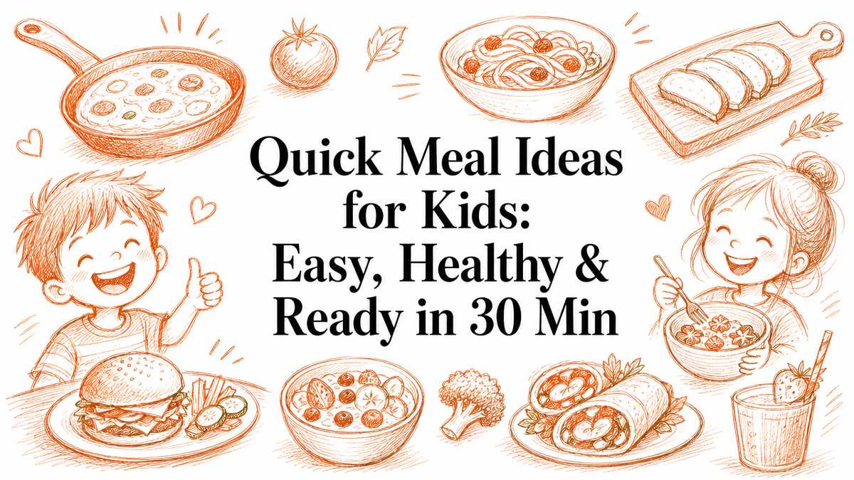A colorful illustration featuring two happy children enjoying various quick meal ideas, including a burger, pasta, and wraps, surrounded by cooking utensils and fresh ingredients, emphasizing easy and healthy meals ready in 30 minutes.