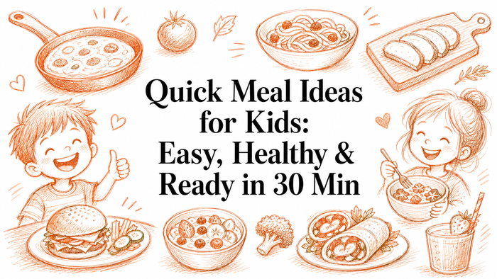 A colorful illustration featuring two happy children enjoying various quick meal ideas, including a burger, pasta, and wraps, surrounded by cooking utensils and fresh ingredients, emphasizing easy and healthy meals ready in 30 minutes.