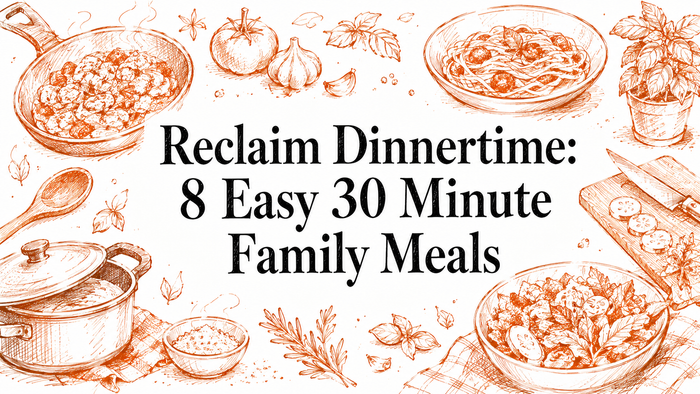 A hand-drawn illustration featuring various ingredients and dishes, including pasta, vegetables, and a pot, surrounding the text "Reclaim Dinnertime: 8 Easy 30 Minute Family Meals.