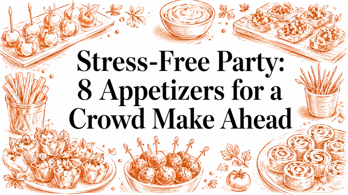 A variety of appetizers arranged on a table, including skewered vegetables, dips, and bite-sized snacks, with a decorative title about stress-free party planning in the center.