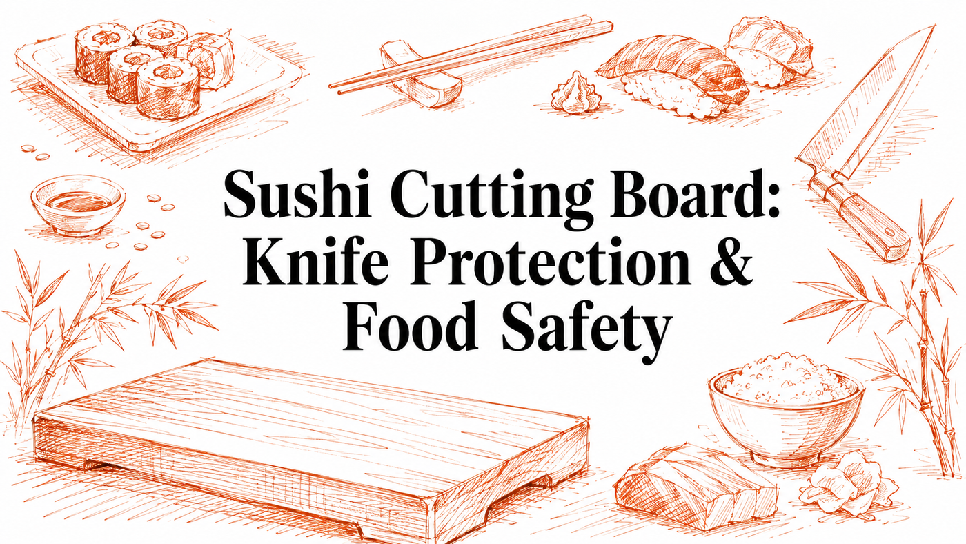 A hand-drawn illustration featuring sushi rolls, a knife, chopsticks, a bowl of rice, and a cutting board, with the title "Sushi Cutting Board: Knife Protection & Food Safety" prominently displayed.