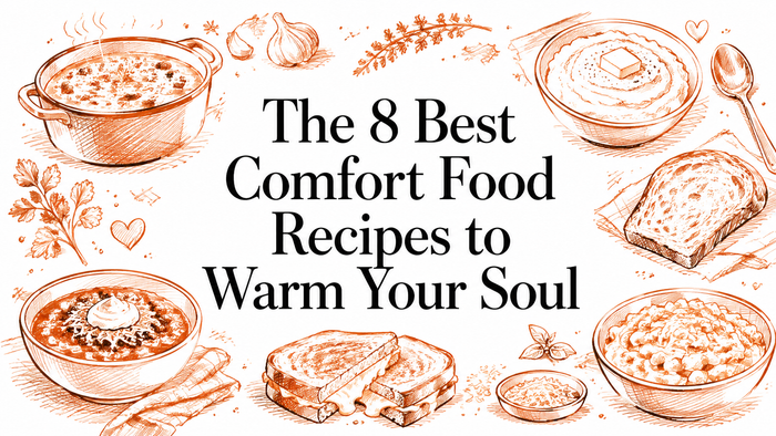 An illustrated collage featuring various comfort foods, including bowls of soup, mashed potatoes, bread, and casseroles, accompanied by decorative herbs and spices, with the title "The 8 Best Comfort Food Recipes to Warm Your Soul" prominently displa