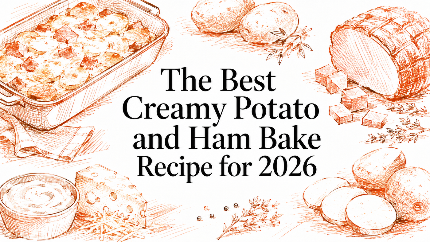 A hand-drawn illustration featuring a creamy potato and ham bake in a dish, along with ingredients like potatoes, ham, cheese, and herbs, accompanied by the text "The Best Creamy Potato and Ham Bake Recipe for 2026.