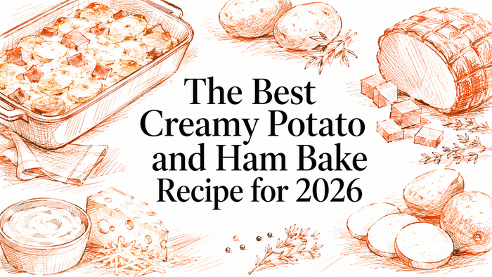 A hand-drawn illustration featuring a creamy potato and ham bake in a dish, along with ingredients like potatoes, ham, cheese, and herbs, accompanied by the text "The Best Creamy Potato and Ham Bake Recipe for 2026.