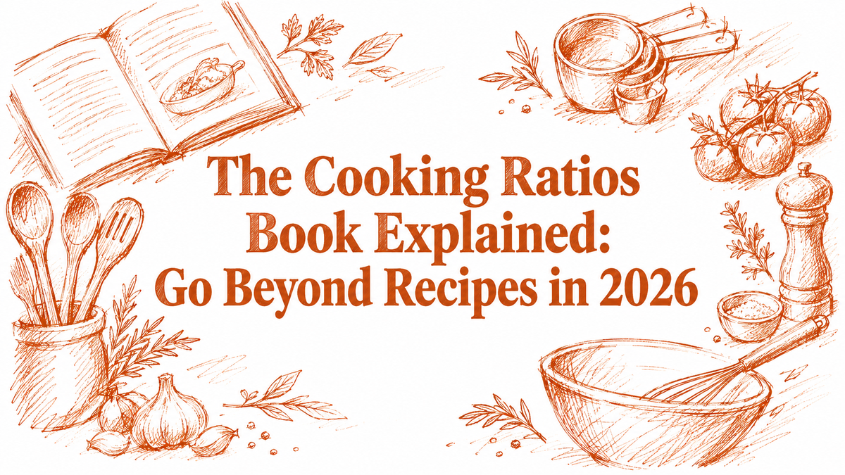 An illustrated layout featuring a cooking book, utensils, tomatoes, garlic, and a mixing bowl, emphasizing the theme of cooking ratios and recipe exploration for 2026.