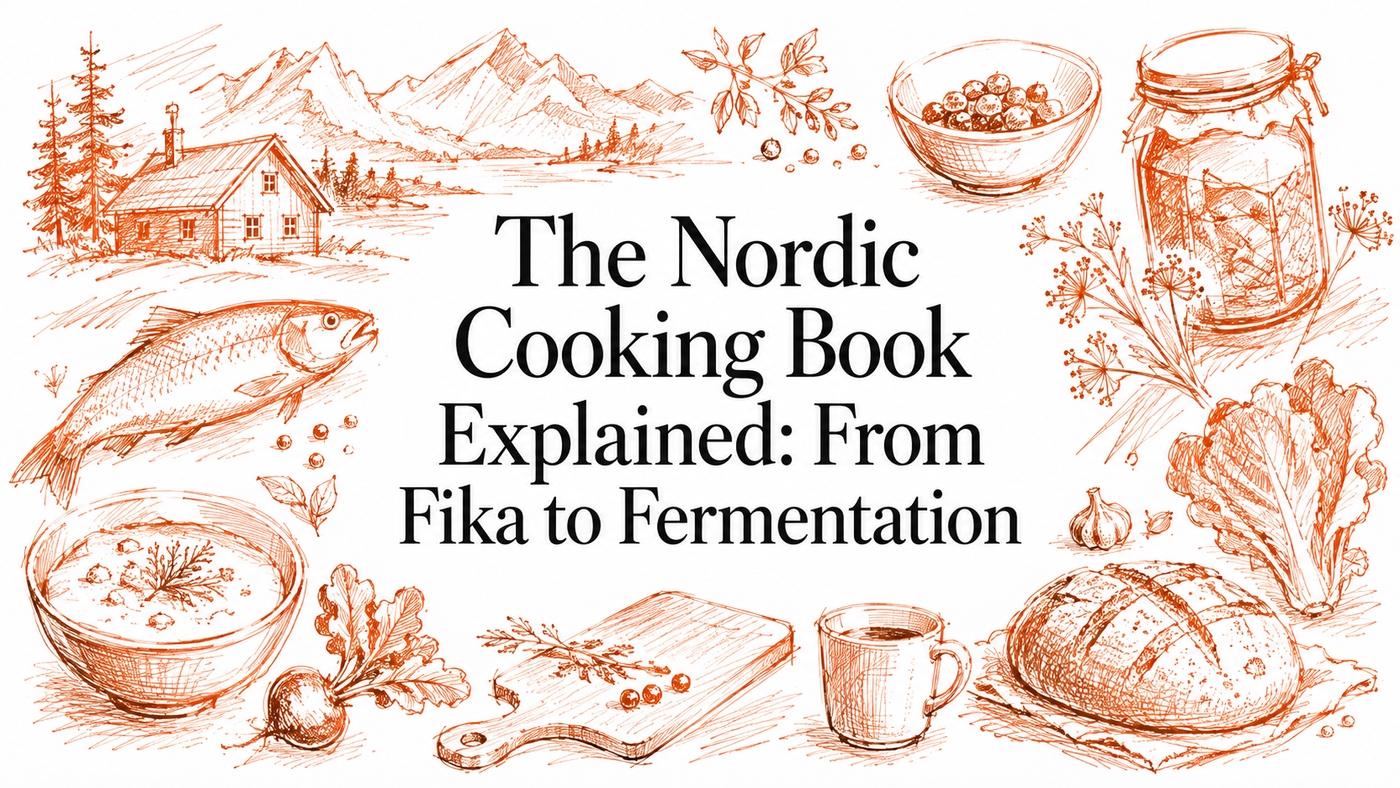 An illustrated layout featuring Nordic culinary elements, including a fish, a bowl of soup, a cutting board, bread, and a jar, surrounded by herbs and a rustic cabin, with the title "The Nordic Cooking Book Explained: From Fika to Fermentation" promi