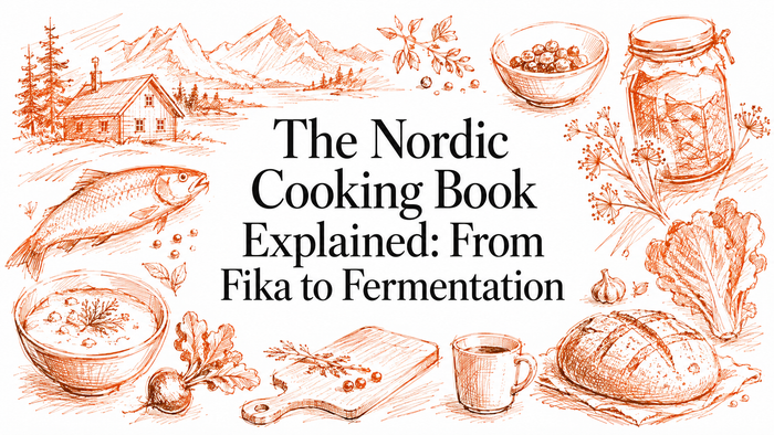 An illustrated layout featuring Nordic culinary elements, including a fish, a bowl of soup, a cutting board, bread, and a jar, surrounded by herbs and a rustic cabin, with the title "The Nordic Cooking Book Explained: From Fika to Fermentation" promi
