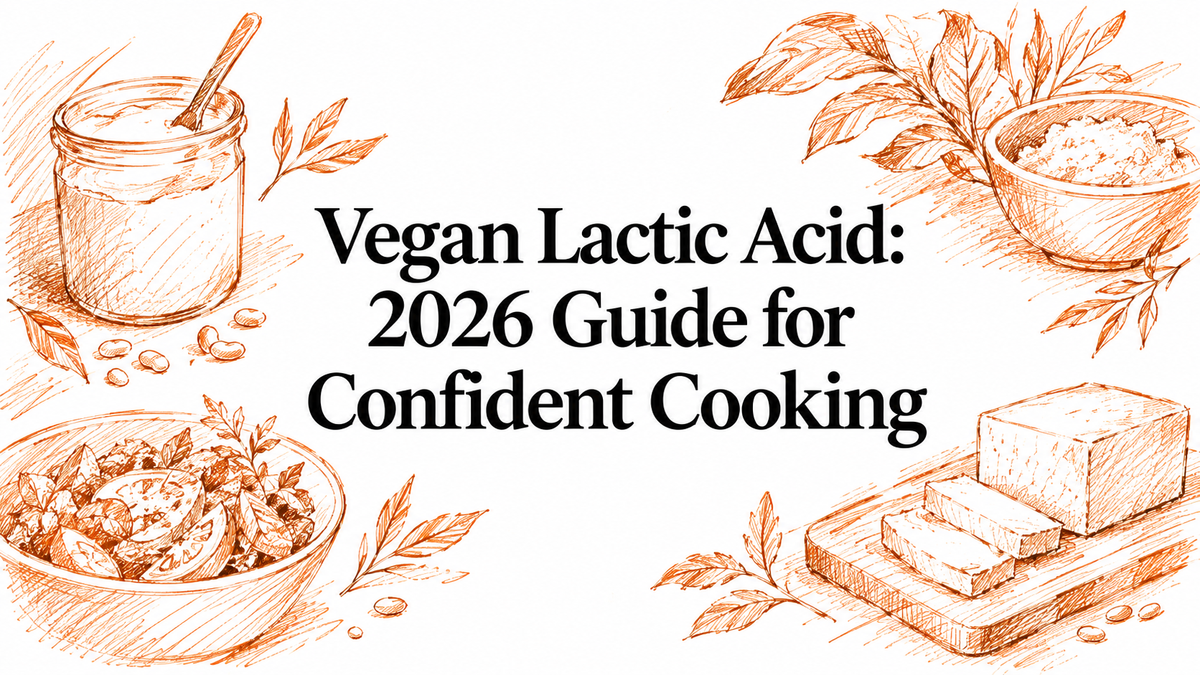 The image features a hand-drawn illustration with a jar, a bowl of plant-based ingredients, a salad, and blocks of tofu, all surrounding the title "Vegan Lactic Acid: 2026 Guide for Confident Cooking.