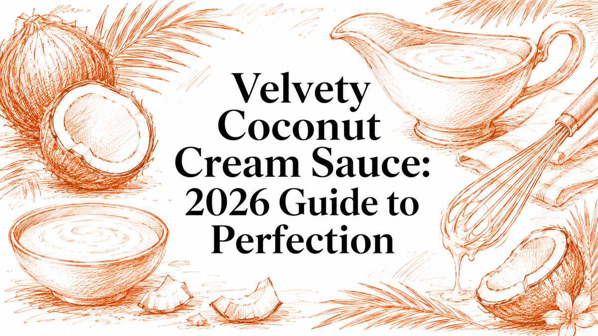 A hand-drawn illustration featuring coconuts, a bowl of coconut cream sauce, a whisk, and a sauce pitcher, with the title "Velvety Coconut Cream Sauce: 2026 Guide to Perfection" prominently displayed in an elegant font.