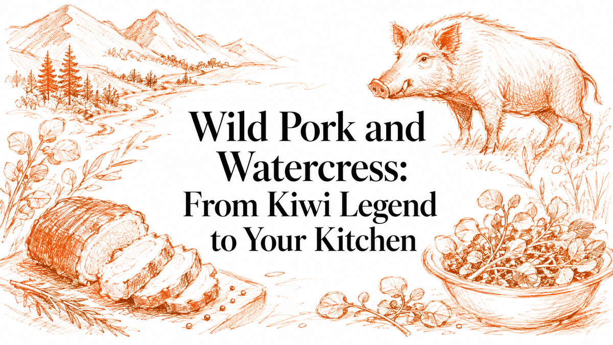 A hand-drawn illustration featuring a wild pig, a scenic landscape with mountains and trees, a sliced loaf of meat, and a bowl of fresh watercress, all highlighting the theme of wild pork and watercress in New Zealand cuisine.