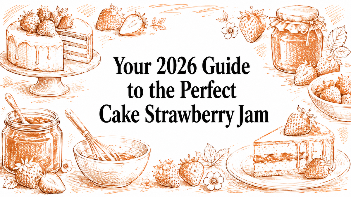 A hand-drawn illustration featuring a cake with strawberries, a jar of strawberry jam, a mixing bowl with a whisk, and fresh strawberries, all surrounding the text "Your 2026 Guide to the Perfect Cake Strawberry Jam.